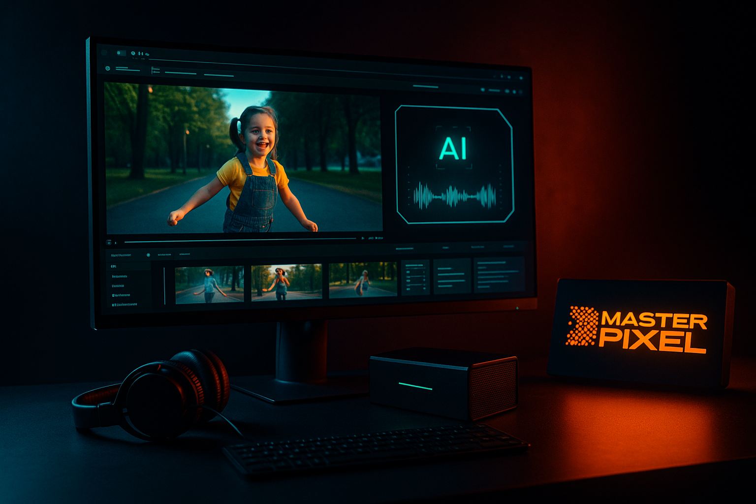 Interface de restauration vidéo par Intelligence Artificielle (IA) montrant l'amélioration d'une archive vidéo d'une petite fille.
