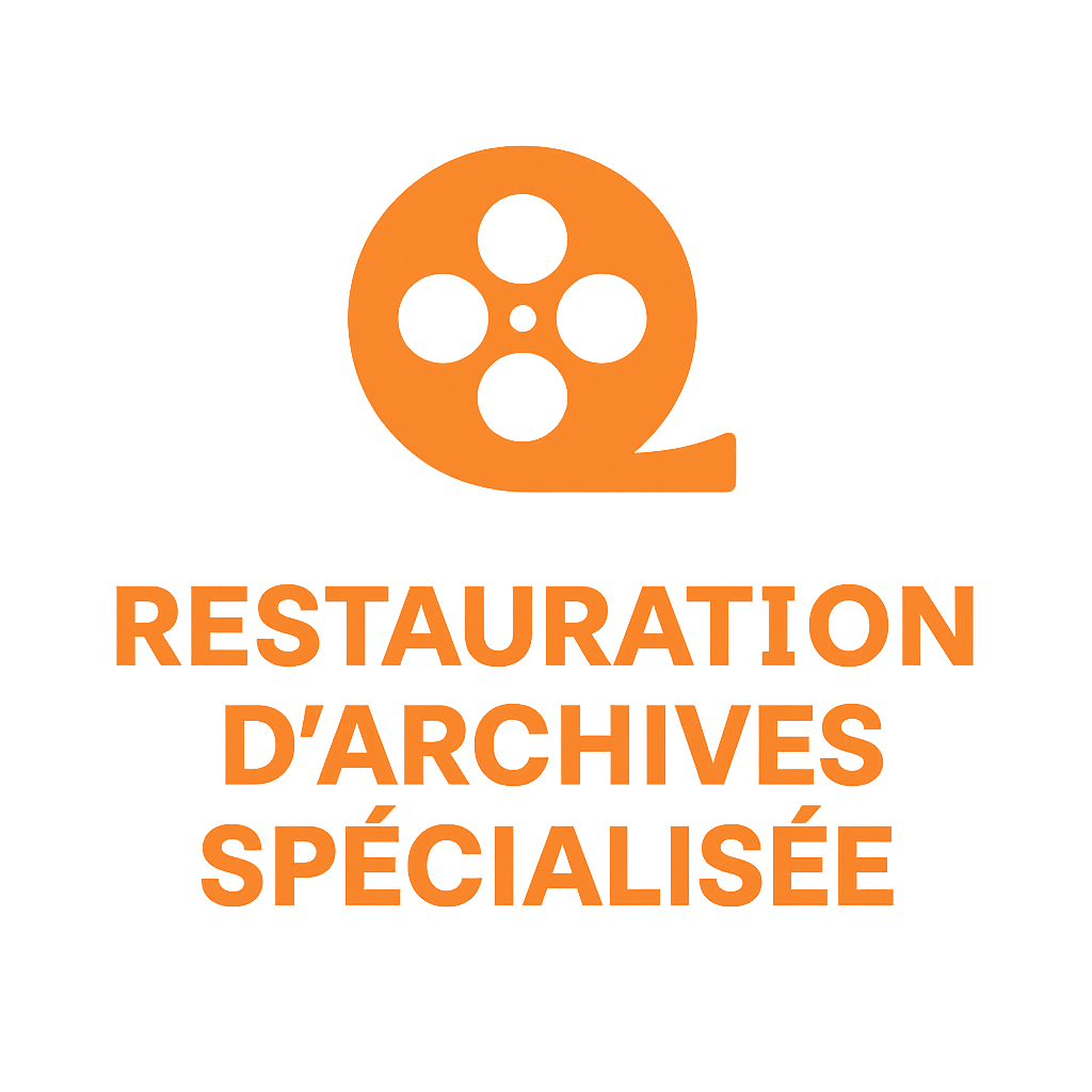Icône MasterPixel “Restauration d’archives spécialisée” — bobine de film orange sur fond transparent, représentant la restauration professionnelle de vidéos anciennes et récentes par IA.