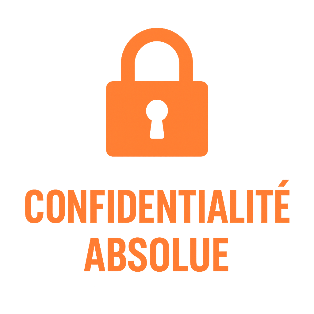 Icône MasterPixel “Confidentialité absolue” — cadenas stylisé sur fond orange, symbolisant la sécurité et le traitement confidentiel des fichiers en France.