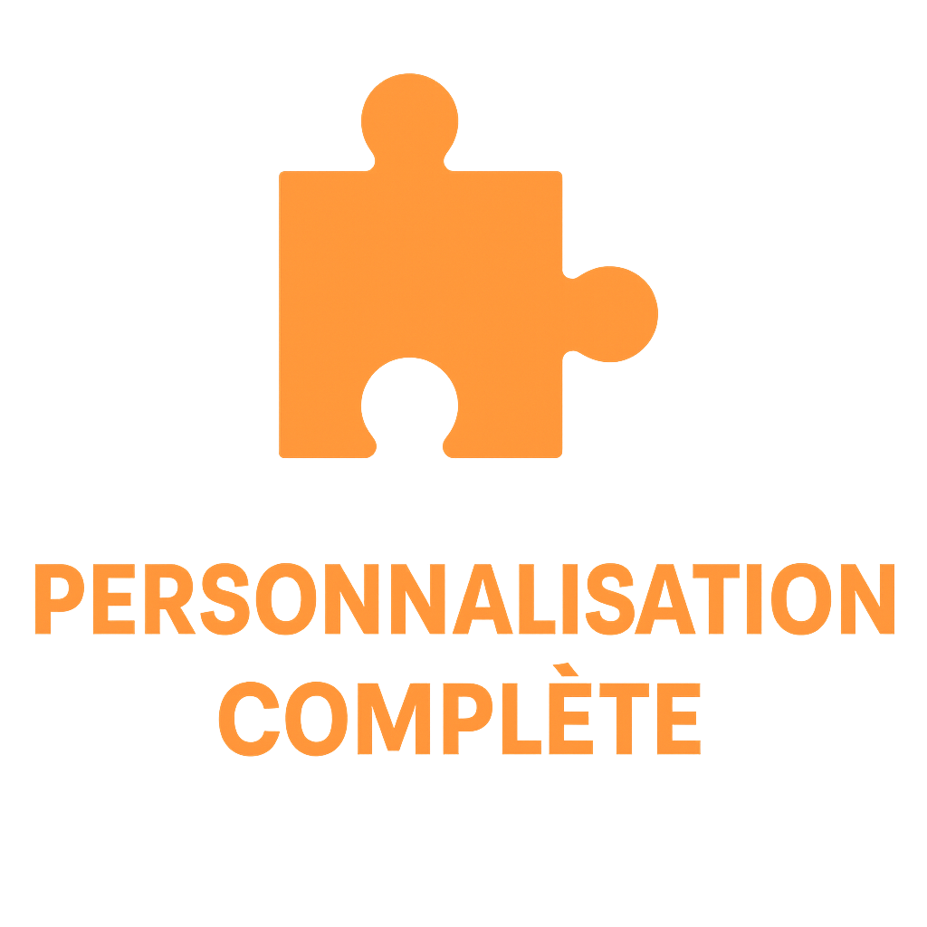 Icône orange représentant une pièce de puzzle stylisée avec le texte PERSONNALISATION COMPLÈTE en police géométrique bold, design vectoriel plat, fond transparent.