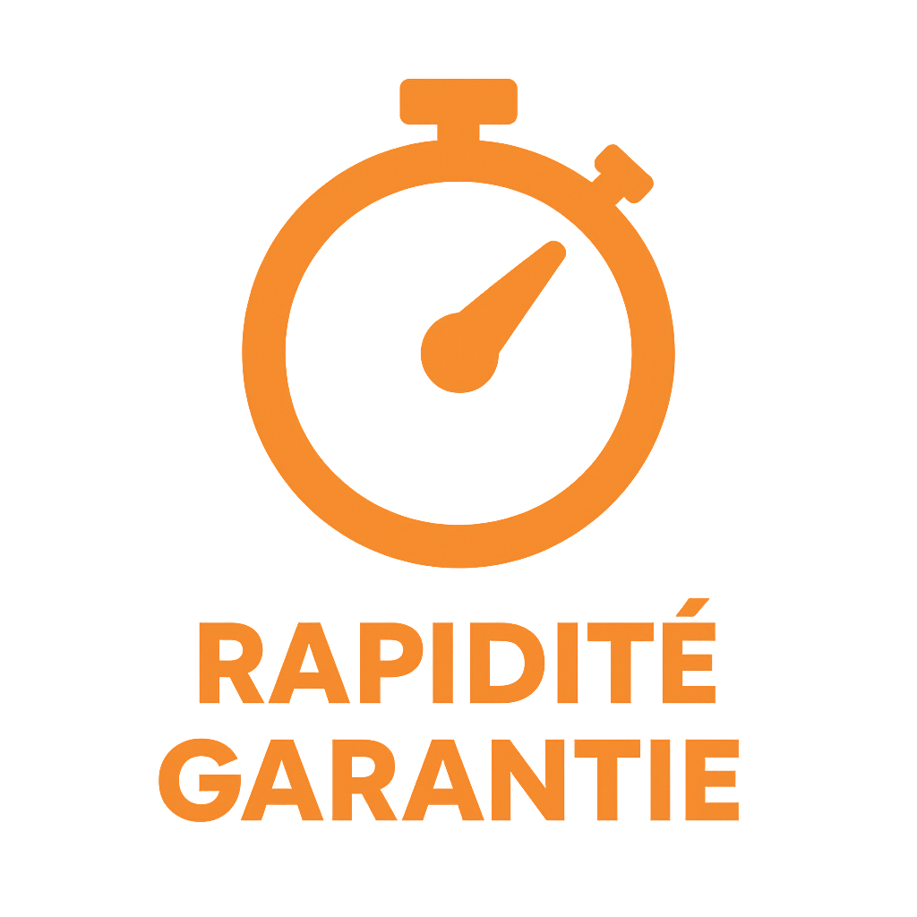 Icône orange représentant un chronomètre stylisé avec le texte RAPIDITÉ GARANTIE en police géométrique bold, design vectoriel plat, fond transparent.
