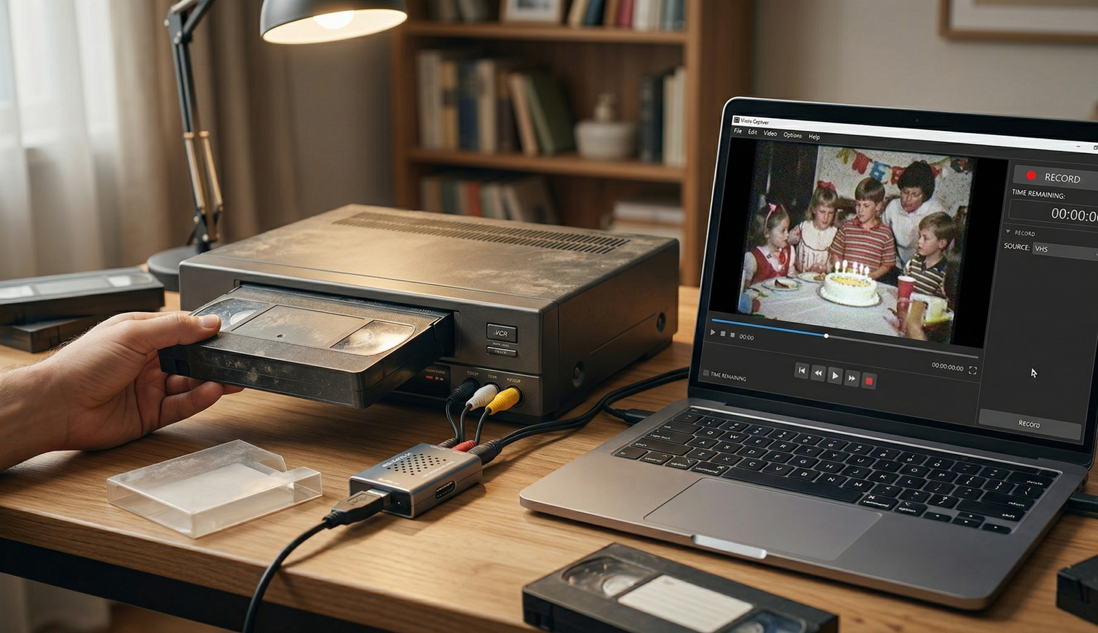 Numériser ses cassettes VHS à la maison avec un boîtier d'acquisition USB relié à un magnétoscope et un PC portable affichant un logiciel de capture vidéo